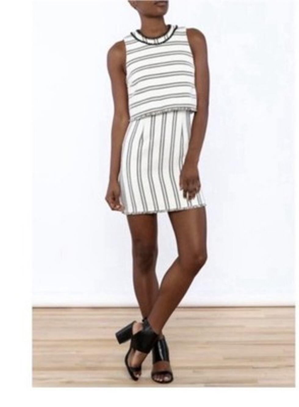 Saylor Baha Tweed Mini Dress Black White Stripe Fringe Sleeveless Sz Small